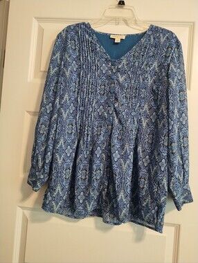 Coldwater Creek Blue Printed V-Neck Blouse
